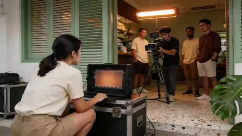 brandme. — young crew filming in a shophouse cafe, seen past a glowing field monitor